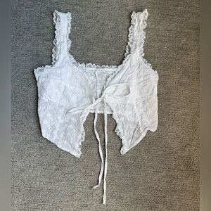 White Tie-Front Lace-Edge Top